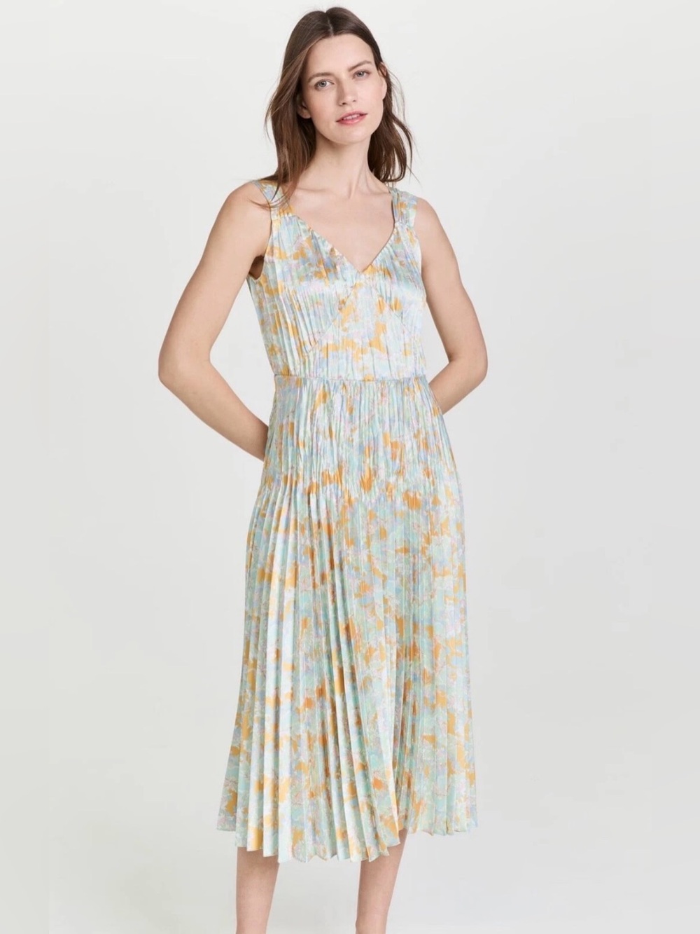 VINCE Lotus V-Neck Pleated Slip Dress in Warm Sand